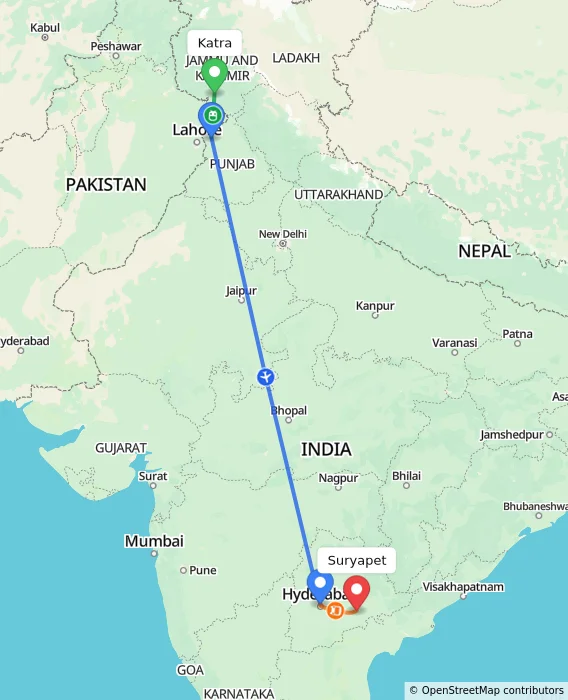 Route map showing distance and travel time from Katra, India to Suryapet, India