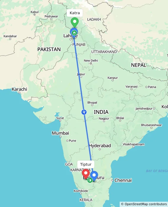 Route map showing distance and travel time from Katra, India to Tiptur, India