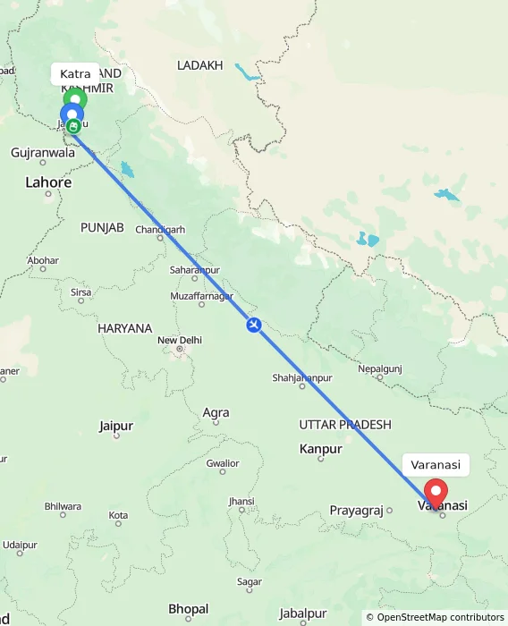 Route map showing distance and travel time from Katra, India to Varanasi, India
