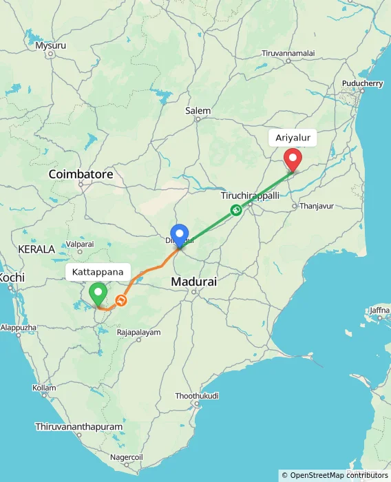 Route map showing distance and travel time from Kattappana, India to Ariyalur, India