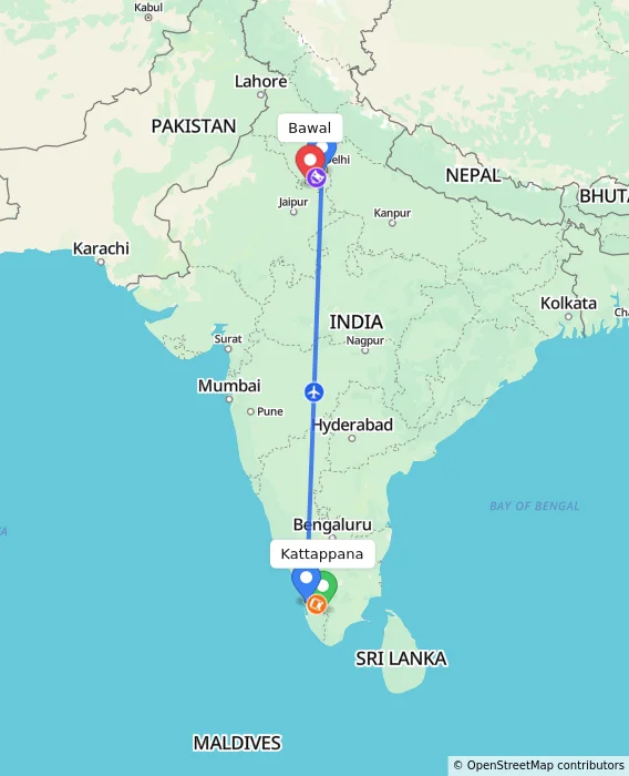 Route map showing distance and travel time from Kattappana, India to Bawal, India