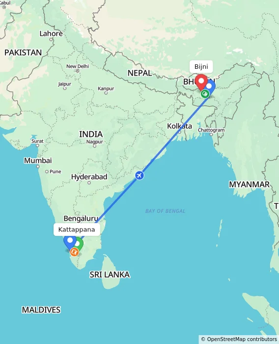 Route map showing distance and travel time from Kattappana, India to Bijni, India