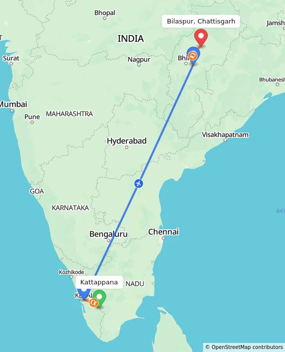 Route map showing distance and travel time from Kattappana, India to Bilaspur, Chattisgarh, India