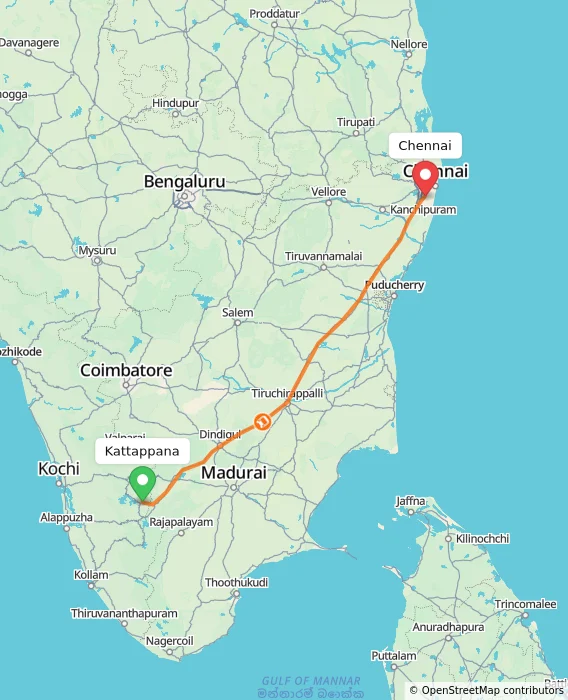 Route map showing distance and travel time from Kattappana, India to Chennai, India