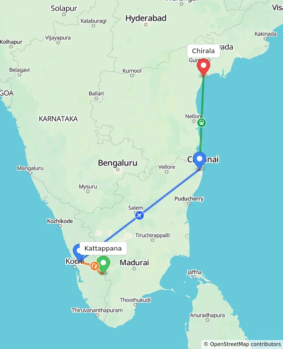 Route map showing distance and travel time from Kattappana, India to Chirala, India