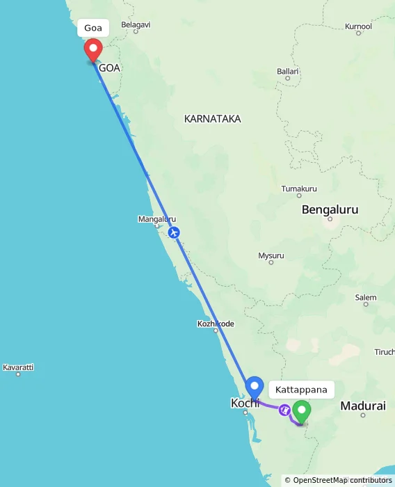 Route map showing distance and travel time from Kattappana, India to Goa, India
