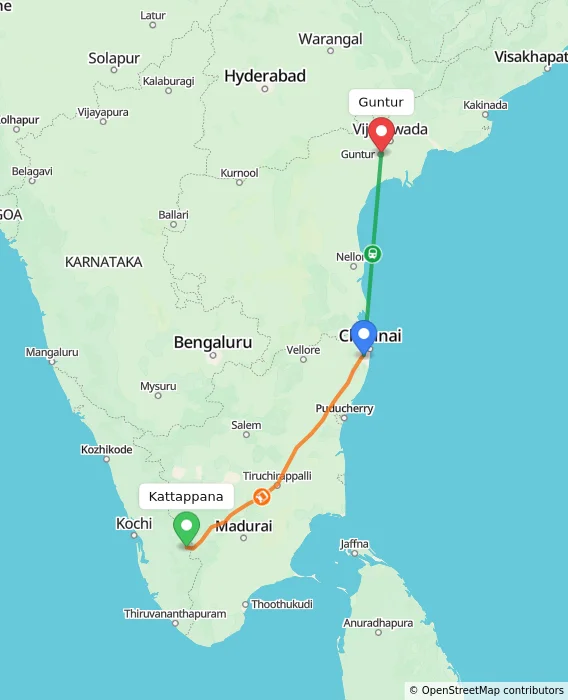 Route map showing distance and travel time from Kattappana, India to Guntur, India