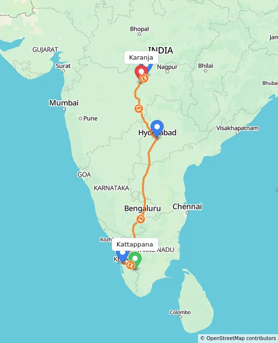 Route map showing distance and travel time from Kattappana, India to Karanja, India