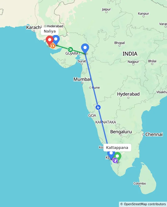 Route map showing distance and travel time from Kattappana, India to Naliya, India