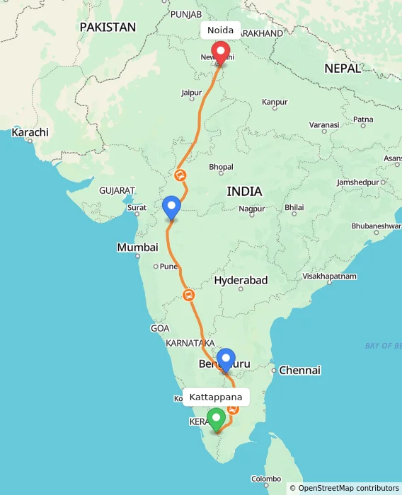 Route map showing distance and travel time from Kattappana, India to Noida, India