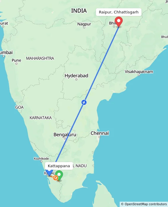 Route map showing distance and travel time from Kattappana, India to Raipur, Chhattisgarh, India