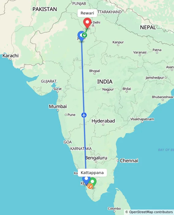 Route map showing distance and travel time from Kattappana, India to Rewari, India