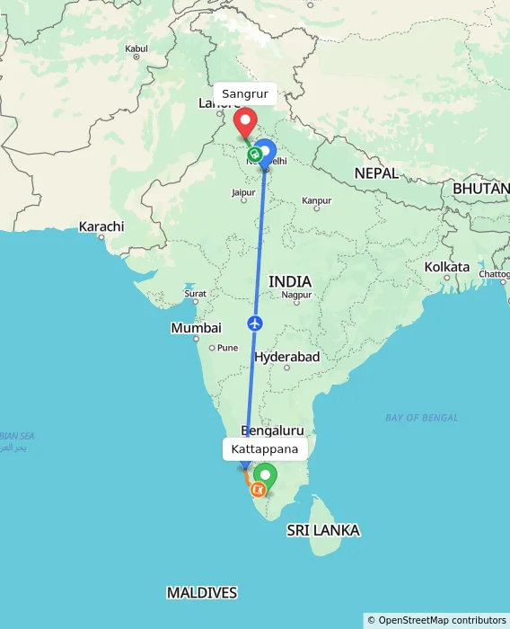 Route map showing distance and travel time from Kattappana, India to Sangrur, India