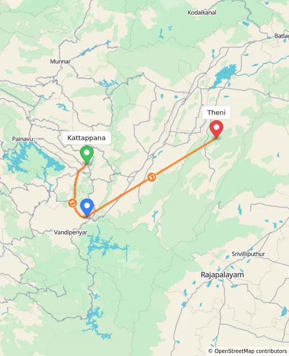 Route map showing distance and travel time from Kattappana, India to Theni, India