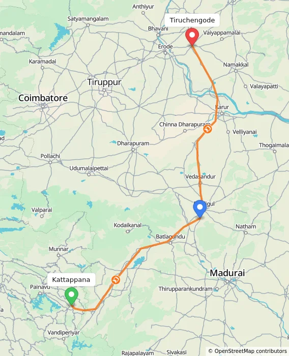 Route map showing distance and travel time from Kattappana, India to Tiruchengode, India