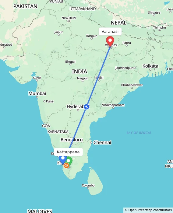 Route map showing distance and travel time from Kattappana, India to Varanasi, India