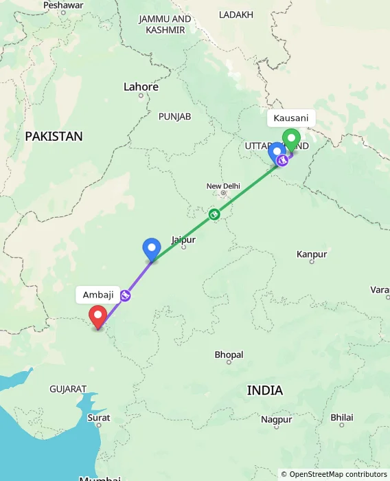 Route map showing distance and travel time from Kausani, India to Ambaji, India