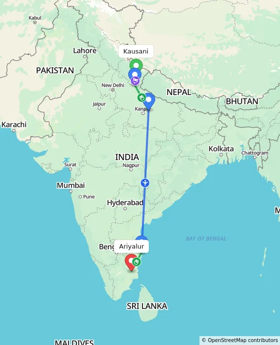 Route map showing distance and travel time from Kausani, India to Ariyalur, India