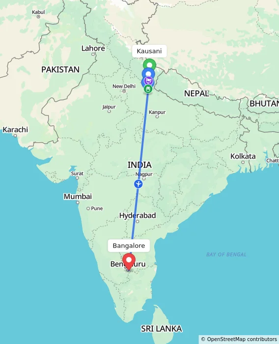 Route map showing distance and travel time from Kausani, India to Bangalore, India