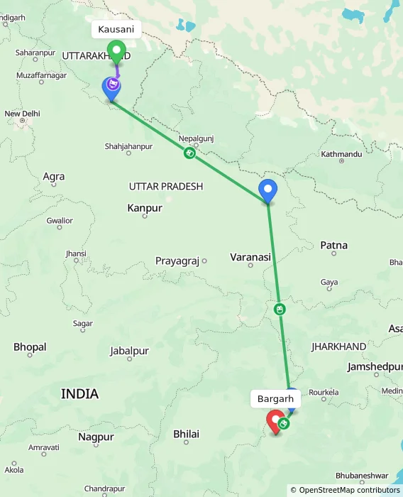 Route map showing distance and travel time from Kausani, India to Bargarh, India