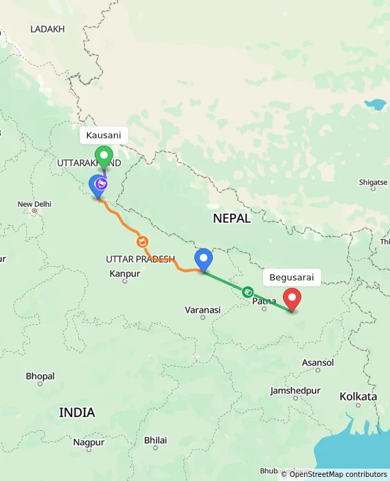 Route map showing distance and travel time from Kausani, India to Begusarai, India