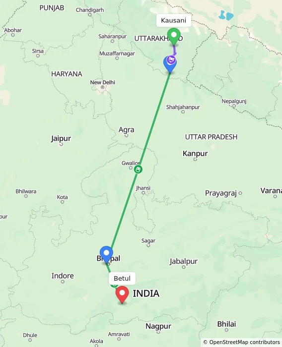 Route map showing distance and travel time from Kausani, India to Betul, India