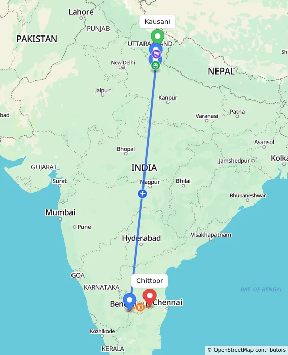 Route map showing distance and travel time from Kausani, India to Chittoor, India