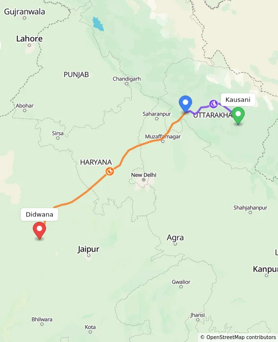 Route map showing distance and travel time from Kausani, India to Didwana, India