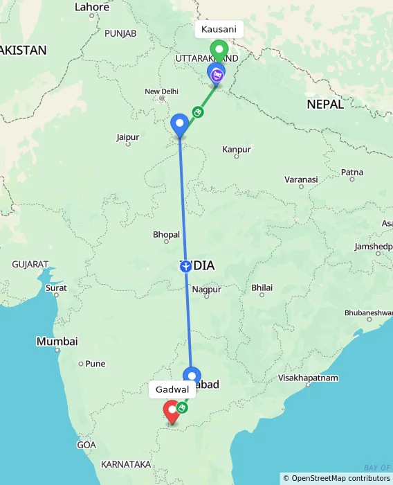 Route map showing distance and travel time from Kausani, India to Gadwal, India