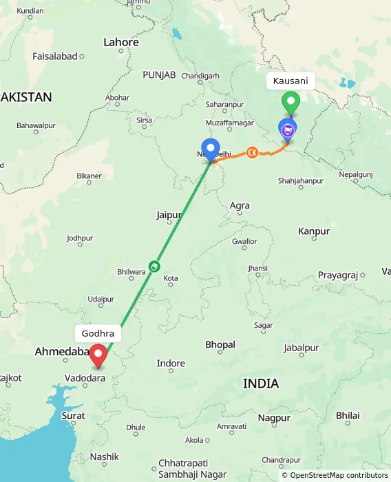 Route map showing distance and travel time from Kausani, India to Godhra, India