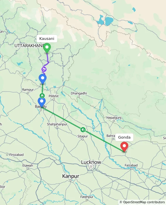 Route map showing distance and travel time from Kausani, India to Gonda, India