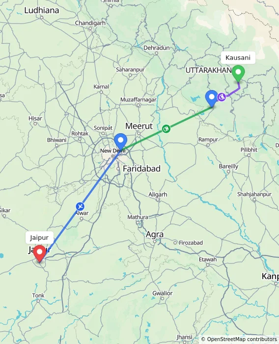 Route map showing distance and travel time from Kausani, India to Jaipur, India