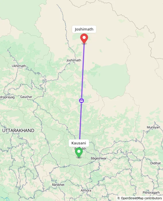 Route map showing distance and travel time from Kausani, India to Joshimath, India