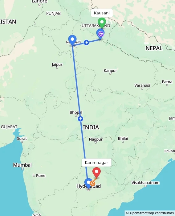 Route map showing distance and travel time from Kausani, India to Karimnagar, India