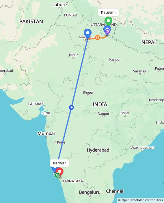 Route map showing distance and travel time from Kausani, India to Karwar, India