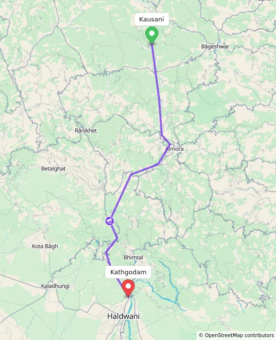 Route map showing distance and travel time from Kausani, India to Kathgodam, India