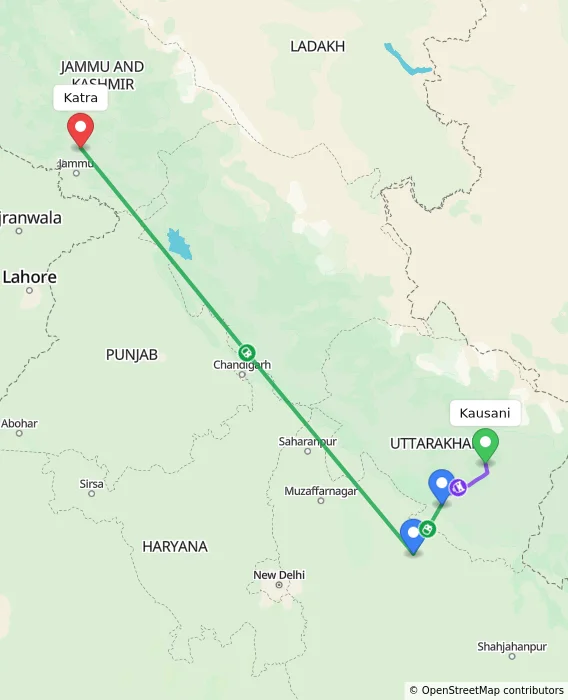 Route map showing distance and travel time from Kausani, India to Katra, India