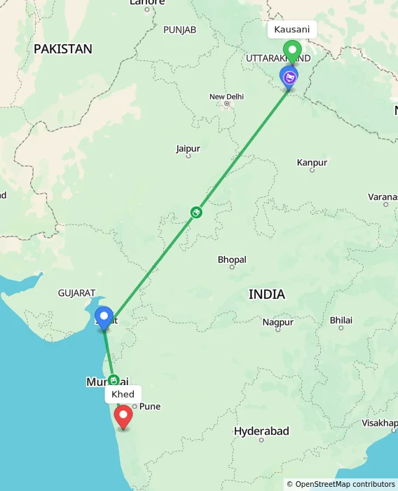 Route map showing distance and travel time from Kausani, India to Khed, India