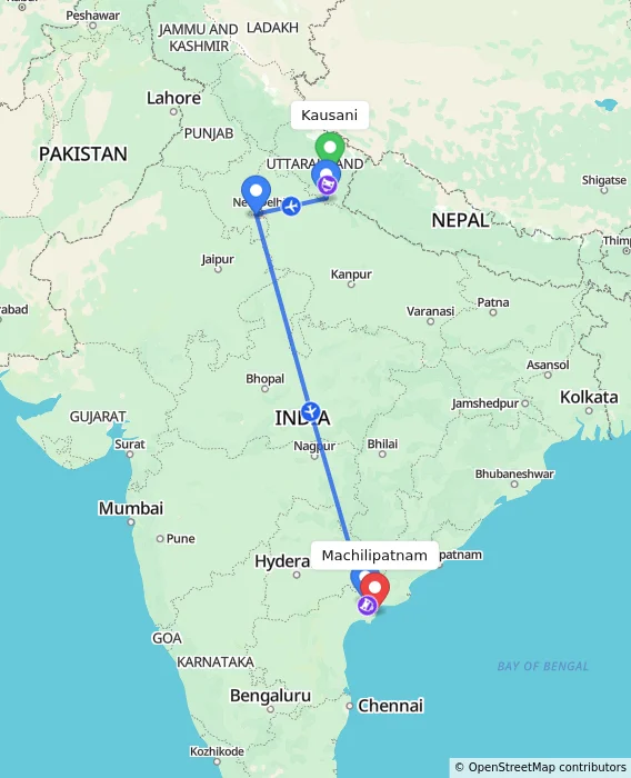 Route map showing distance and travel time from Kausani, India to Machilipatnam, India
