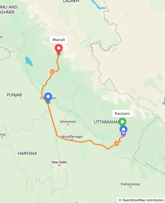 Route map showing distance and travel time from Kausani, India to Manali, India