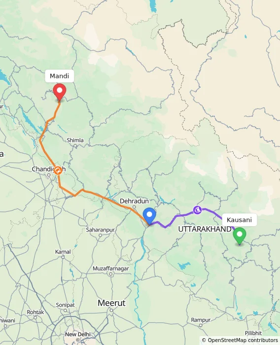 Route map showing distance and travel time from Kausani, India to Mandi, India