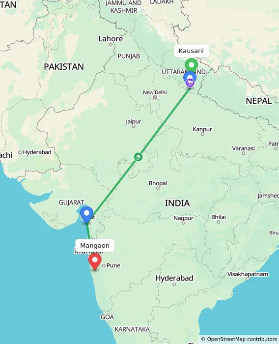 Route map showing distance and travel time from Kausani, India to Mangaon, India