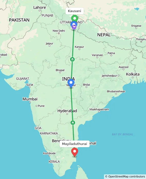 Route map showing distance and travel time from Kausani, India to Mayiladuthurai, India