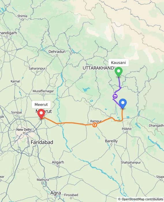 Route map showing distance and travel time from Kausani, India to Meerut, India