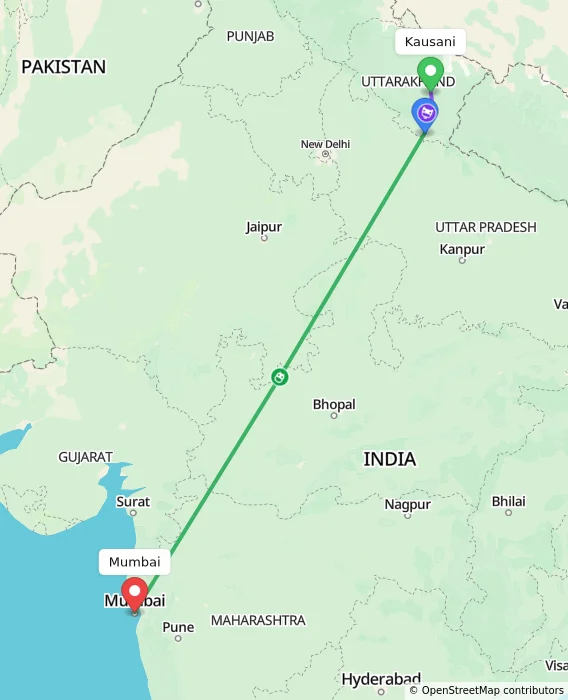 Route map showing distance and travel time from Kausani, India to Mumbai, India