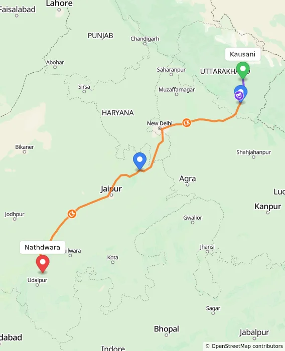 Route map showing distance and travel time from Kausani, India to Nathdwara, India