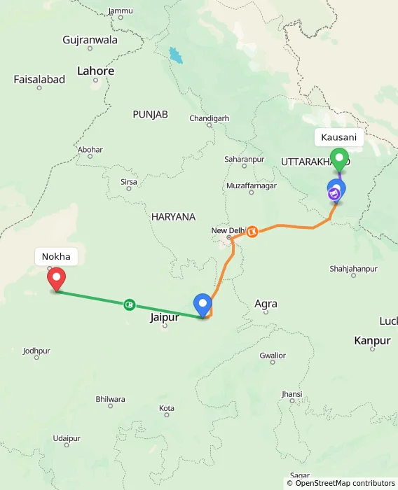 Route map showing distance and travel time from Kausani, India to Nokha, India