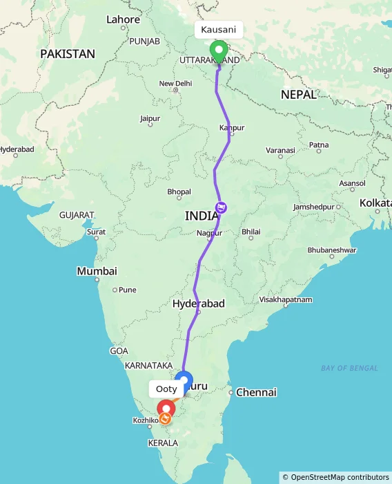 Route map showing distance and travel time from Kausani, India to Ooty, India
