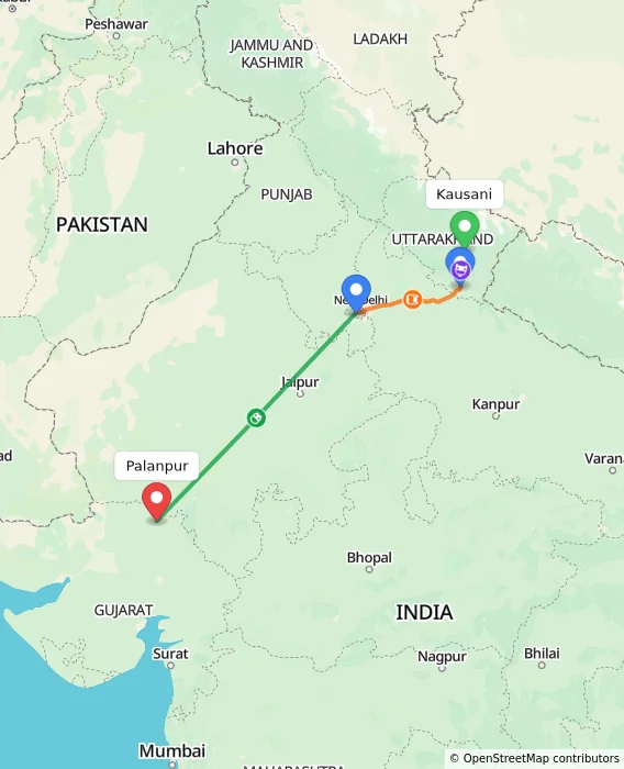 Route map showing distance and travel time from Kausani, India to Palanpur, India