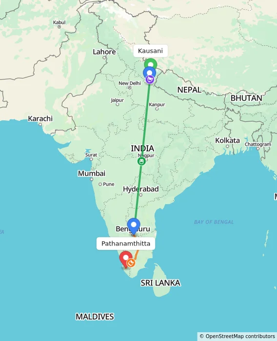Route map showing distance and travel time from Kausani, India to Pathanamthitta, India